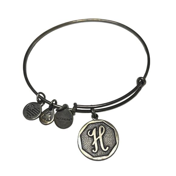 Alex and Ani burnished silver tone pewter look H initial dangle bracelet bangle - Picture 1 of 6